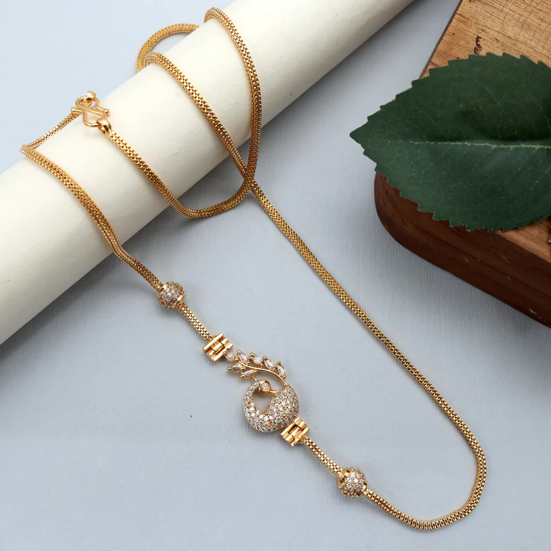 Diamond Look Gold Tone Peacock Gundu AD Mugappu Chain